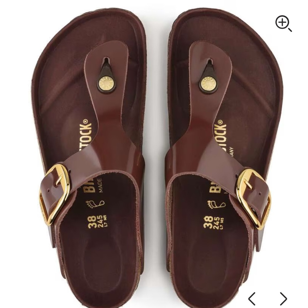 Birkenstock Maroon Patent Sandals with Gold Accents- Size 39